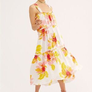 Free People White Floral Moonshine Linen Blend Midi Dress Size Extra Small